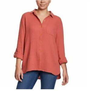 Anne Klein Cotton Gauze‎ Lucile Button Up Top Sz M Dusty Cedar #68Q